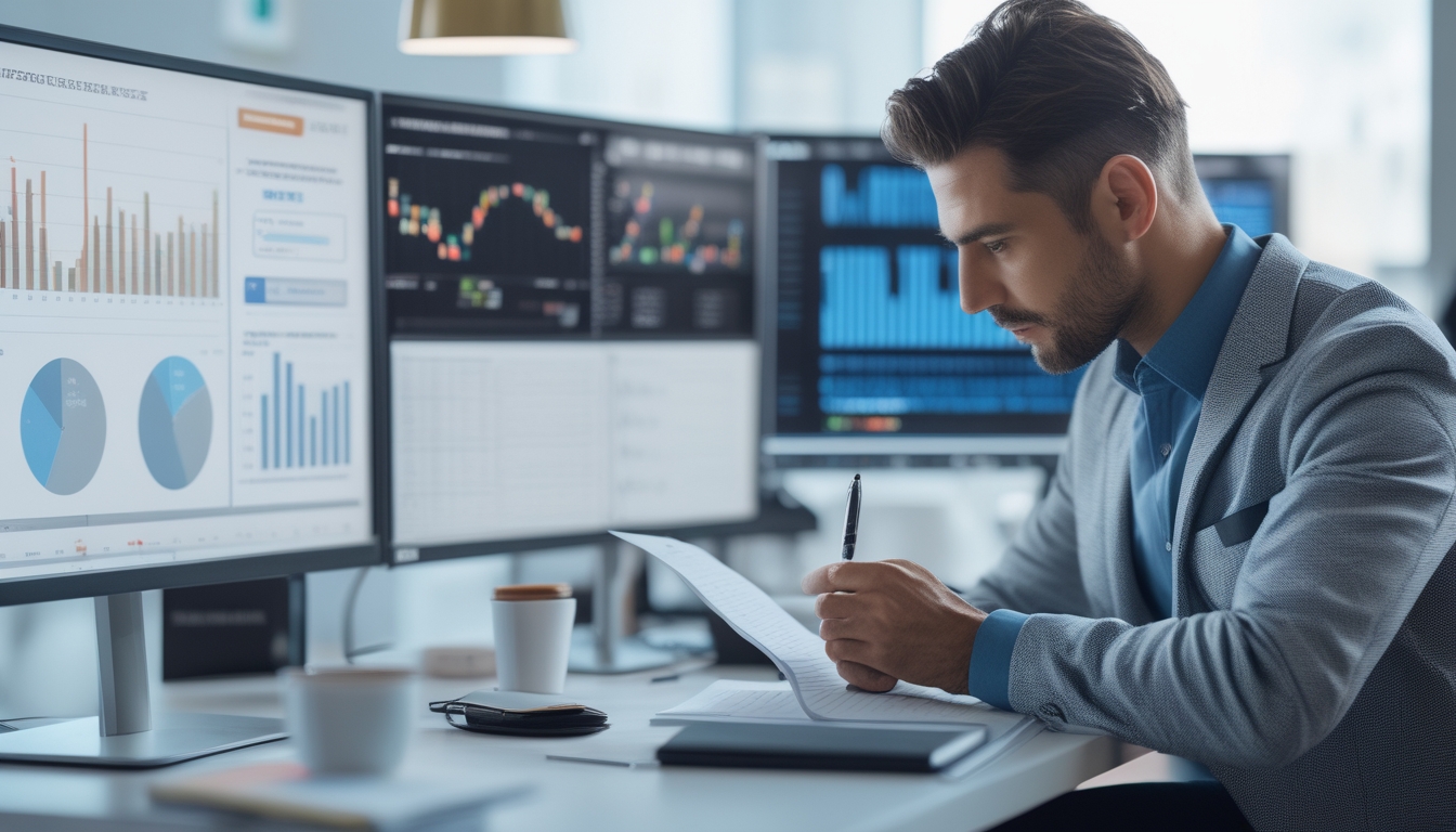 Seorang profesional sedang menganalisis data di depan beberapa layar komputer di kantor modern.