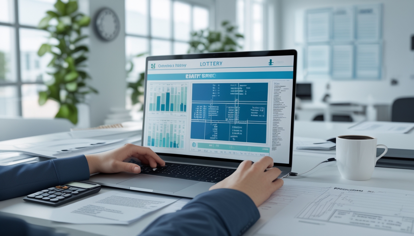 Orang menggunakan laptop dengan grafik dan data angka di meja kantor yang rapi dan terang.