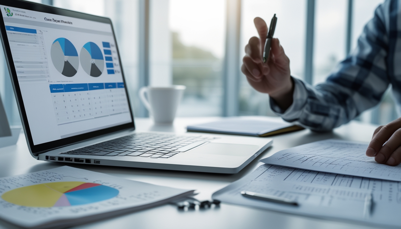 Seseorang sedang bekerja di meja dengan laptop, catatan, dan dokumen berisi data statistik di ruang kantor yang terang.