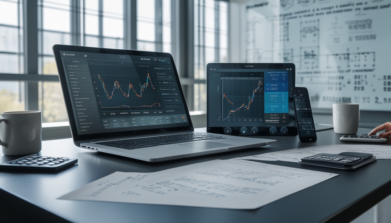 Sebuah meja kerja modern dengan perangkat digital dan dokumen yang menunjukkan analisis data dan prediksi angka togel.