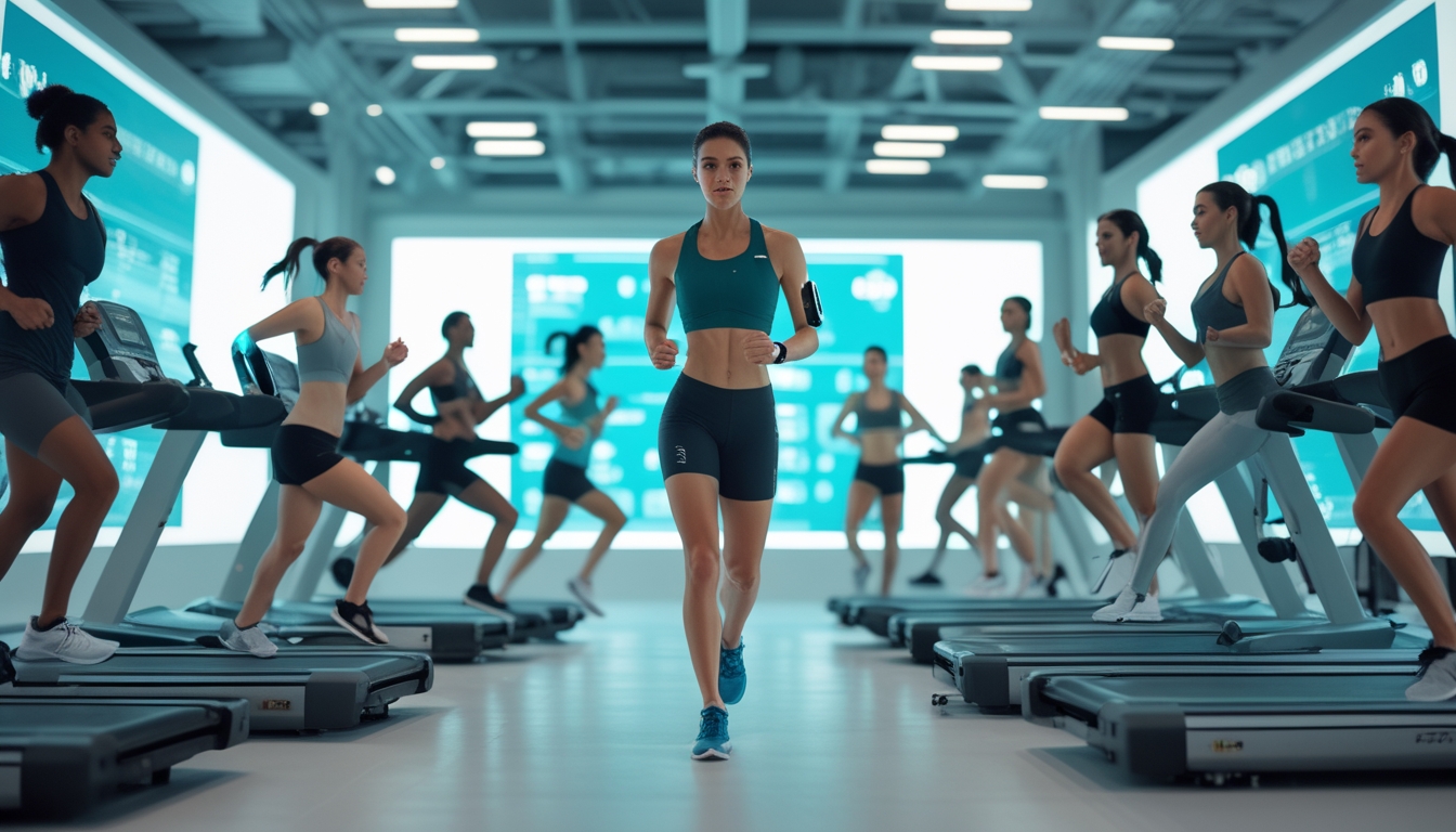 Sejumlah atlet memakai perangkat wearable modern sedang berlatih ketahanan di gym dengan layar digital menampilkan data performa latihan.