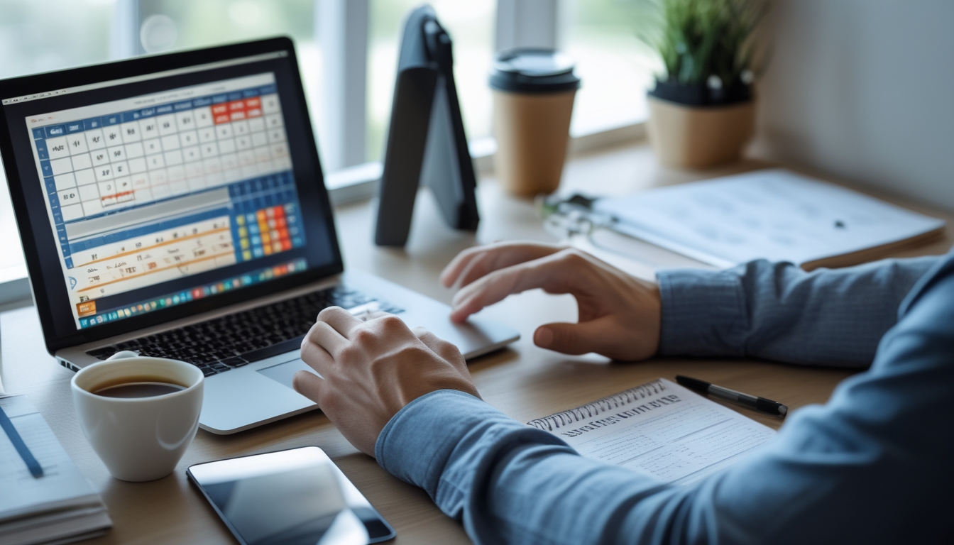 Meja kerja dengan perangkat digital yang menampilkan data dan grafik terkait togel, tangan seseorang sedang menggunakan laptop dan tablet.