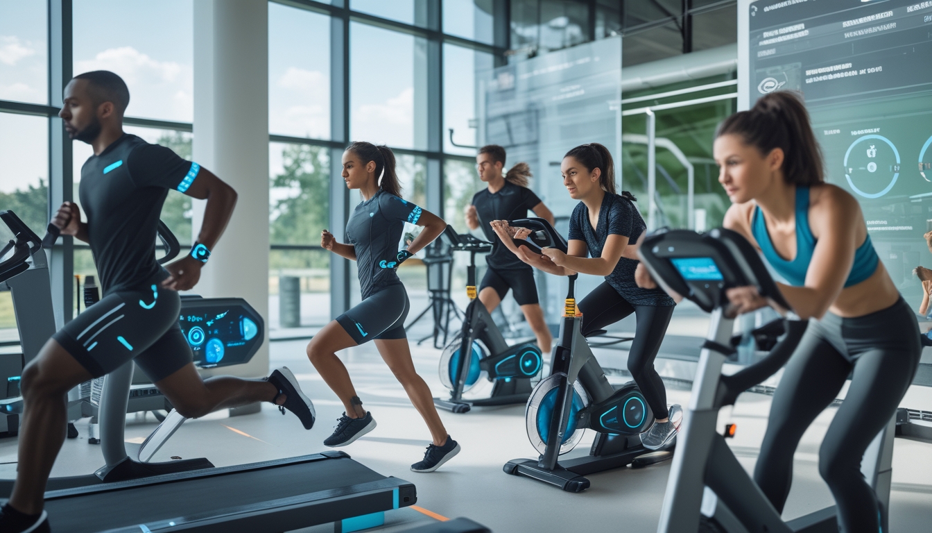 Beberapa atlet berlatih olahraga ketahanan di dalam ruangan dengan perangkat wearable canggih dan layar digital yang menampilkan data performa.