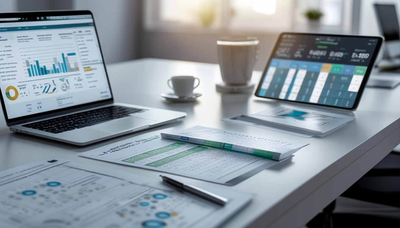 Meja kerja dengan laptop, tablet, dan dokumen berisi data dan grafik angka yang rapi.