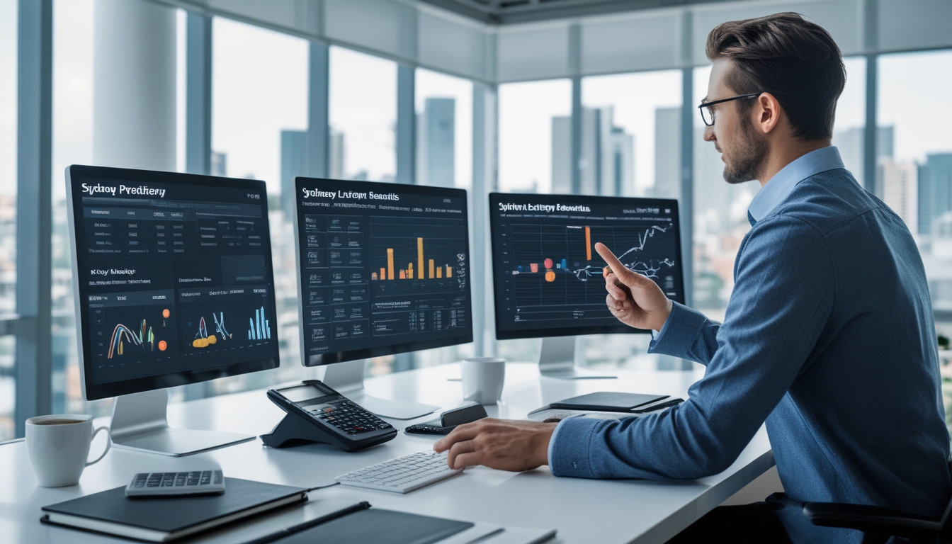 Seorang profesional sedang menganalisis data di depan beberapa layar komputer di kantor dengan pemandangan kota Sydney di latar belakang.