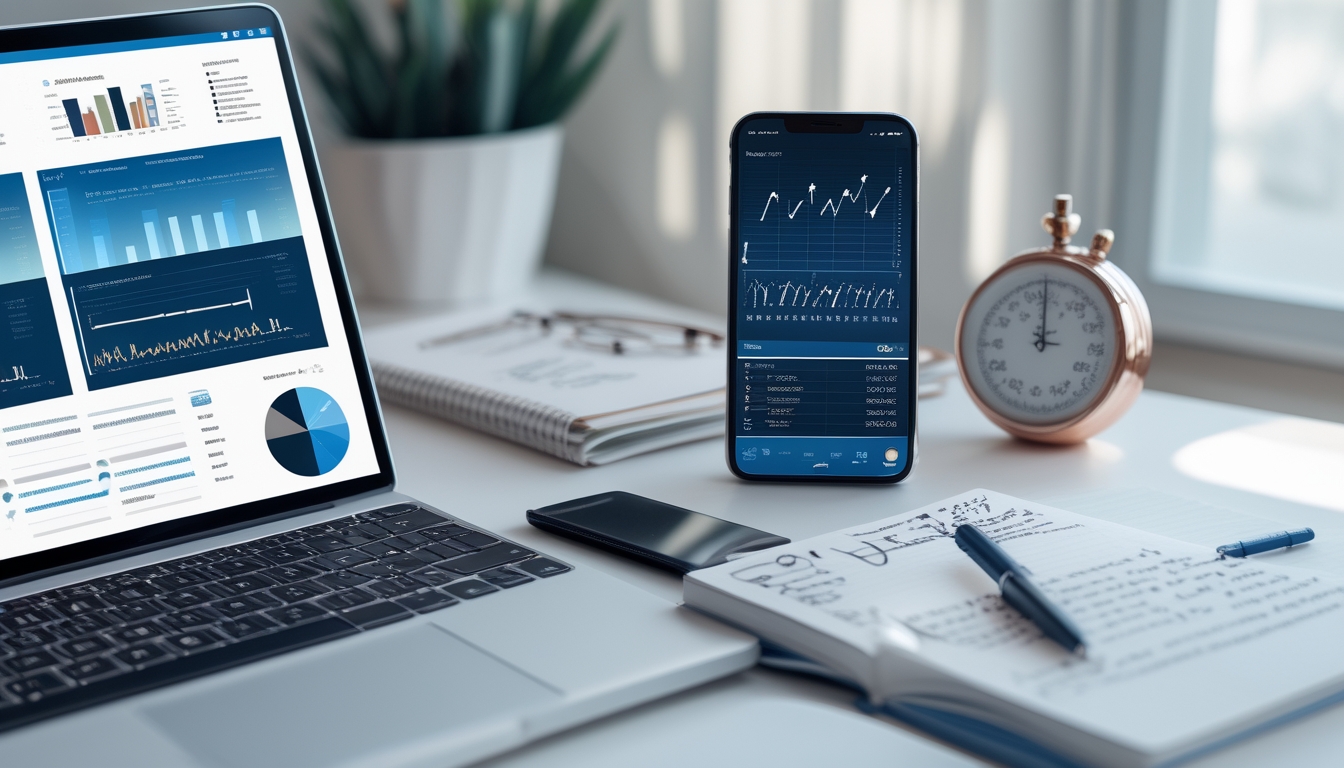 Meja kerja modern dengan laptop, ponsel, dan buku catatan yang menunjukkan analisis data dan prediksi.