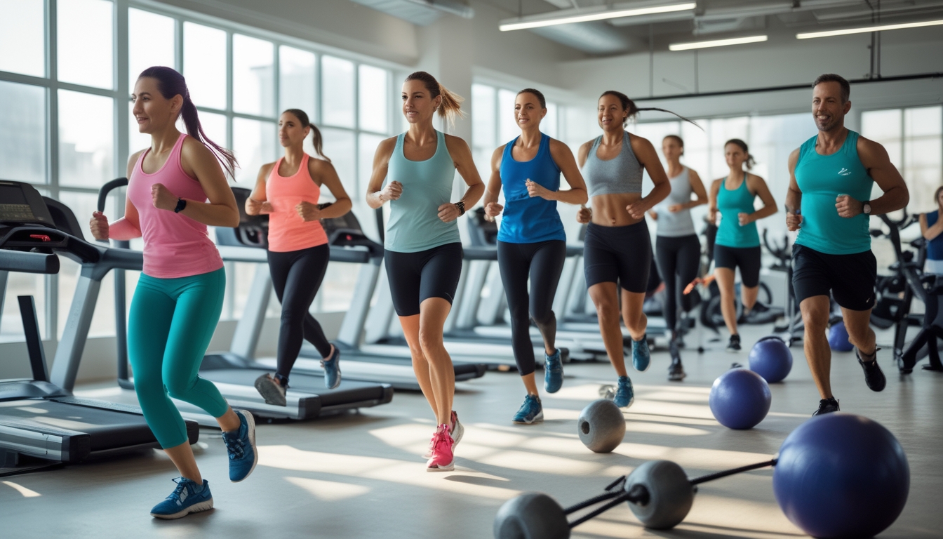 Sekelompok orang dewasa sedang berolahraga di gym modern dengan berbagai alat kebugaran, berfokus pada latihan ketahanan dan kebugaran.
