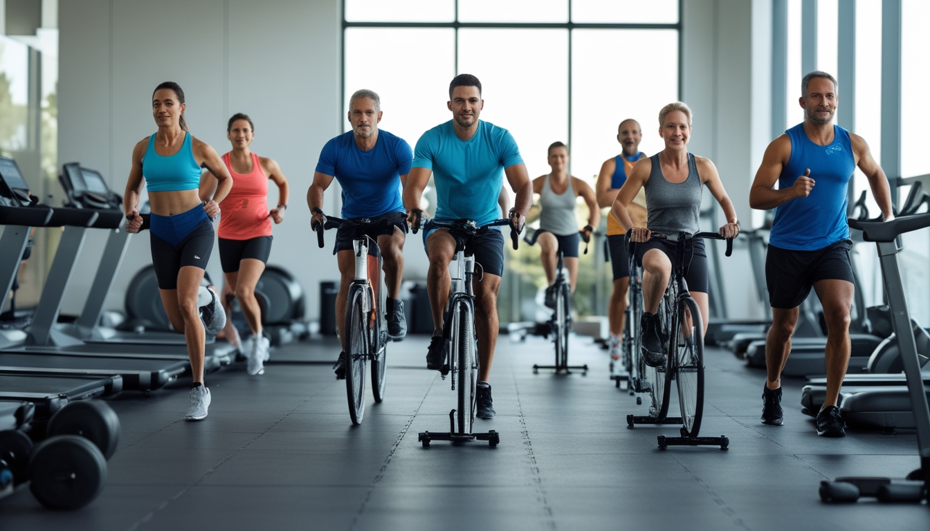 Sekelompok orang dewasa berolahraga di gym modern, melakukan latihan ketahanan untuk menurunkan berat badan dan meningkatkan kebugaran.