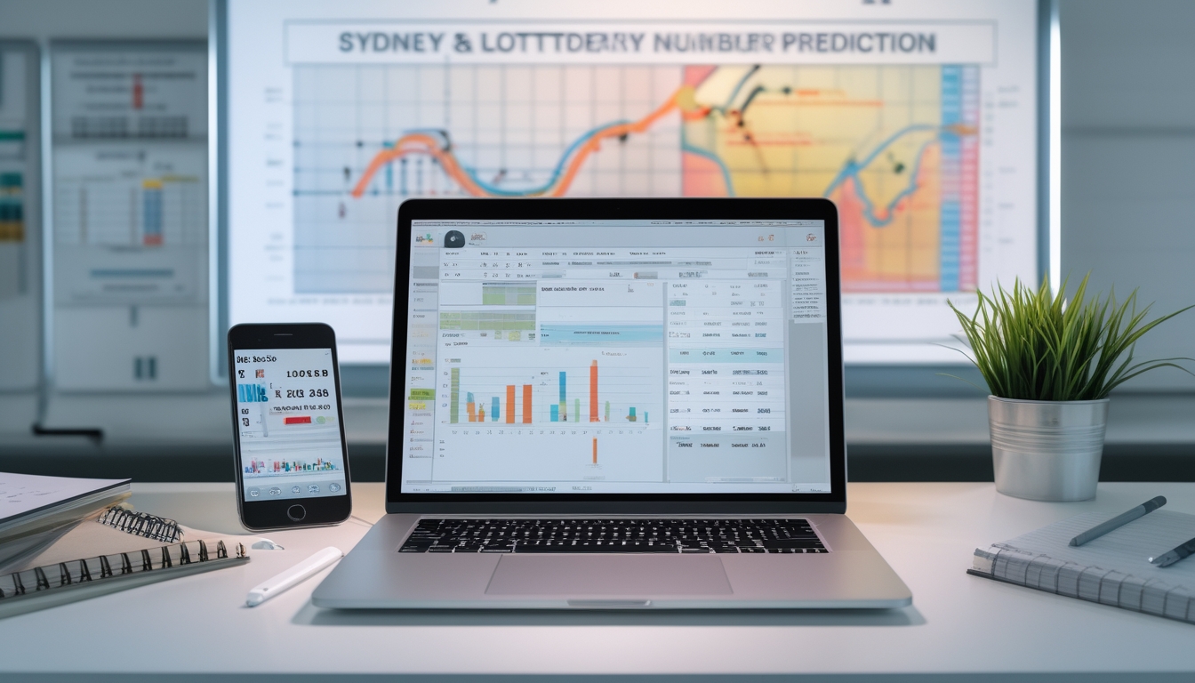 Meja kerja modern dengan laptop, buku catatan, dan ponsel yang menampilkan grafik dan data analisis angka togel.
