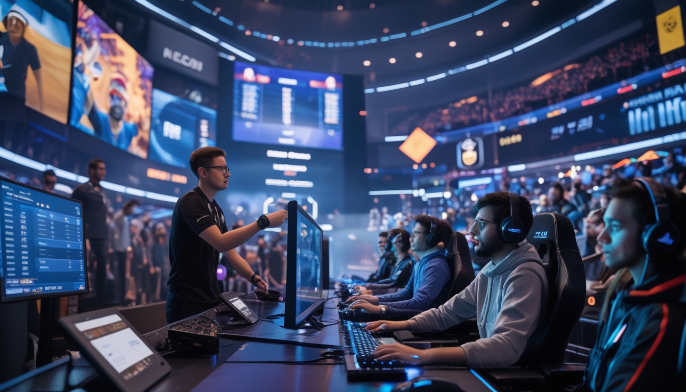Sekelompok gamer dan penggemar esports berkumpul di arena permainan modern dengan layar besar menampilkan pertandingan dan prediksi turnamen, suasana penuh semangat dan teknologi canggih.