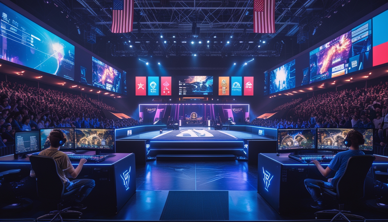 Suasana turnamen esports internasional tahun 2026 dengan pemain yang sedang bertanding di panggung besar dan penonton dari berbagai negara yang antusias.