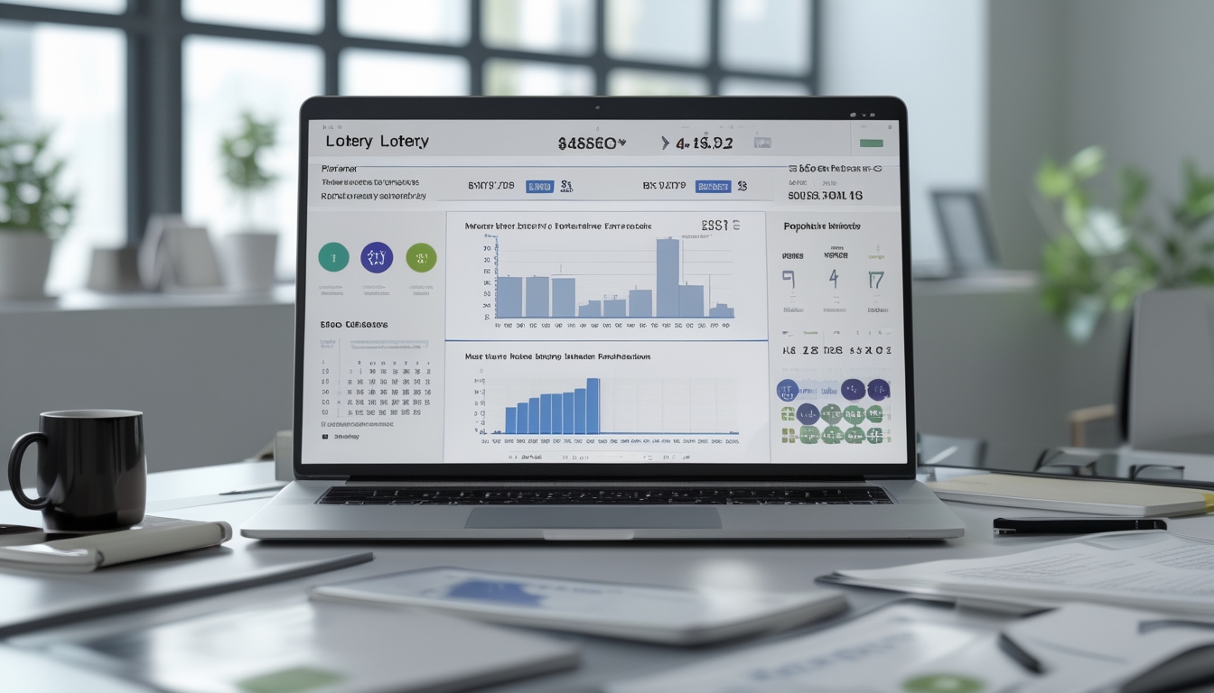 Meja kerja modern dengan laptop yang menampilkan grafik dan data prediksi angka togel, dokumen tertata rapi, dan suasana kantor yang terang dengan cahaya alami.