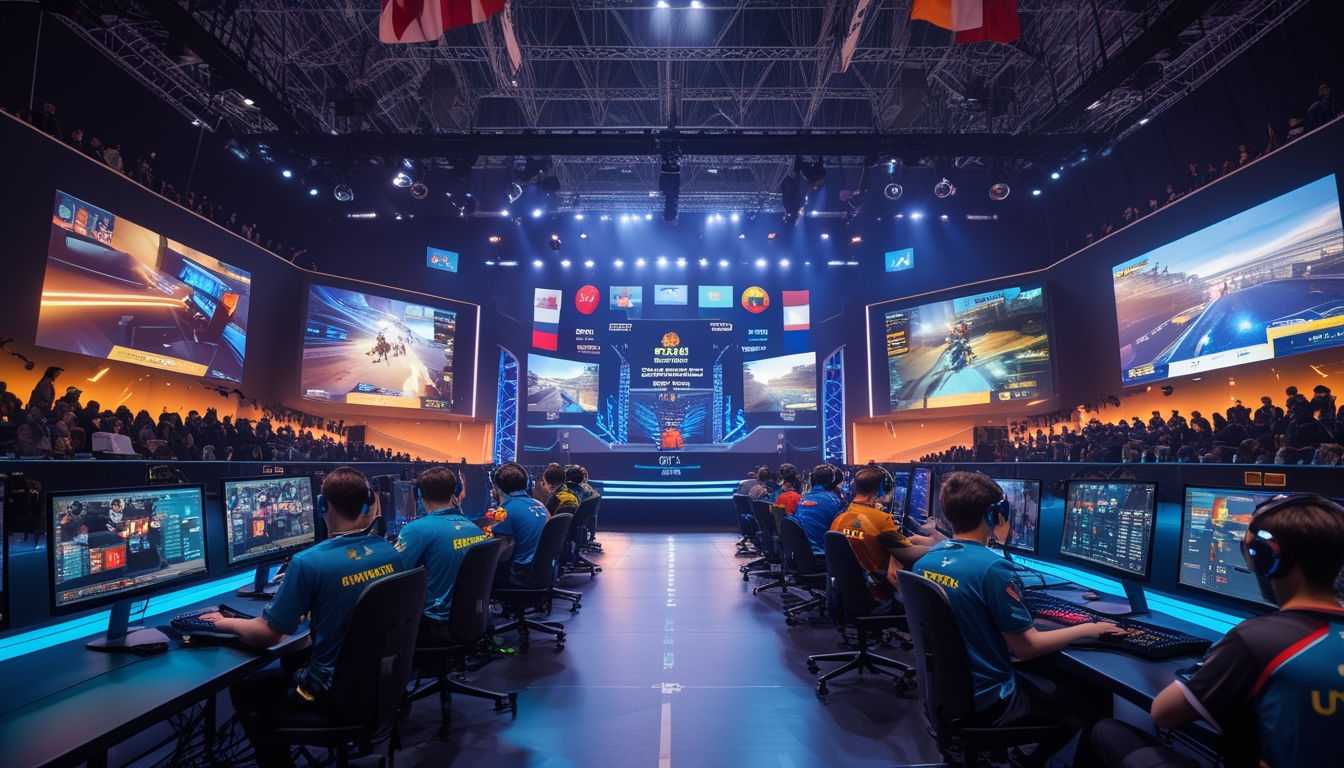 Arena esports internasional dengan pemain profesional yang fokus bermain dan penonton yang antusias menyaksikan kompetisi.