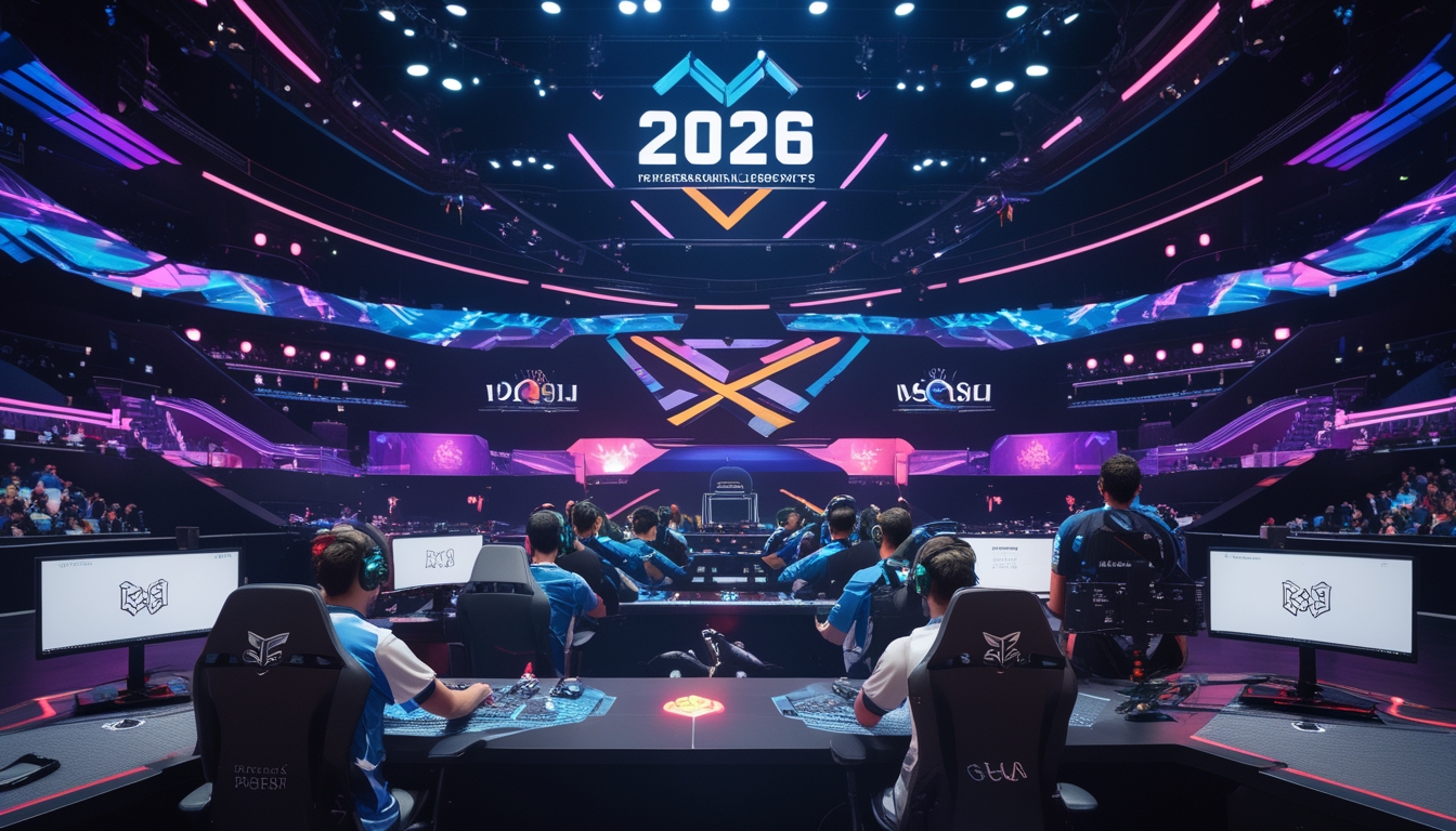 Arena esports besar dengan pemain yang serius bertanding dan penonton yang antusias di latar belakang.