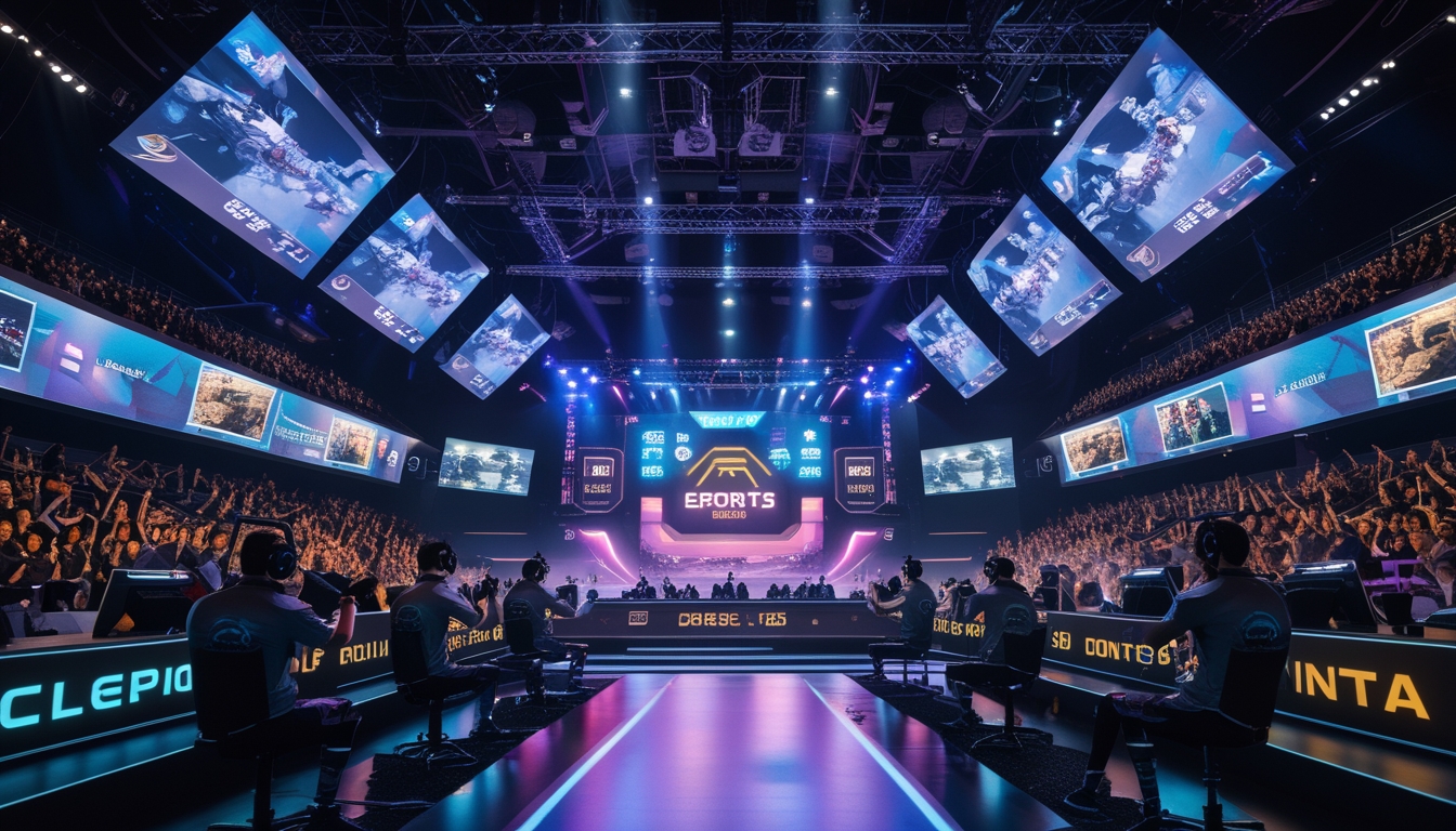 Suasana turnamen esports internasional dengan pemain dan penonton yang antusias di arena besar.