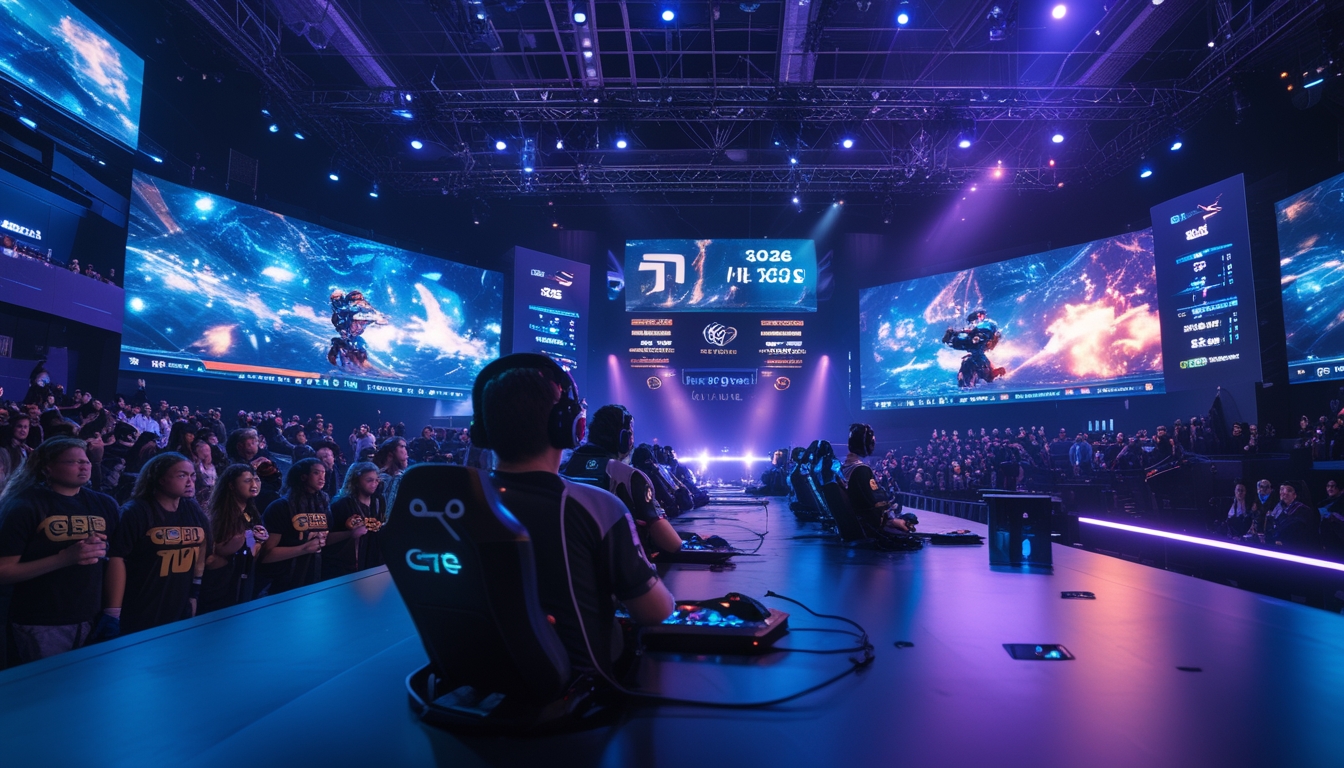Suasana turnamen esports internasional dengan pemain fokus bermain di atas panggung dan penonton antusias menyaksikan pertandingan.