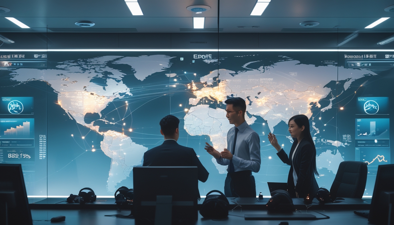 Sekelompok profesional dari Asia dan Eropa sedang berdiskusi di kantor modern dengan peta dunia digital dan layar data yang menampilkan perkembangan industri esports internasional.