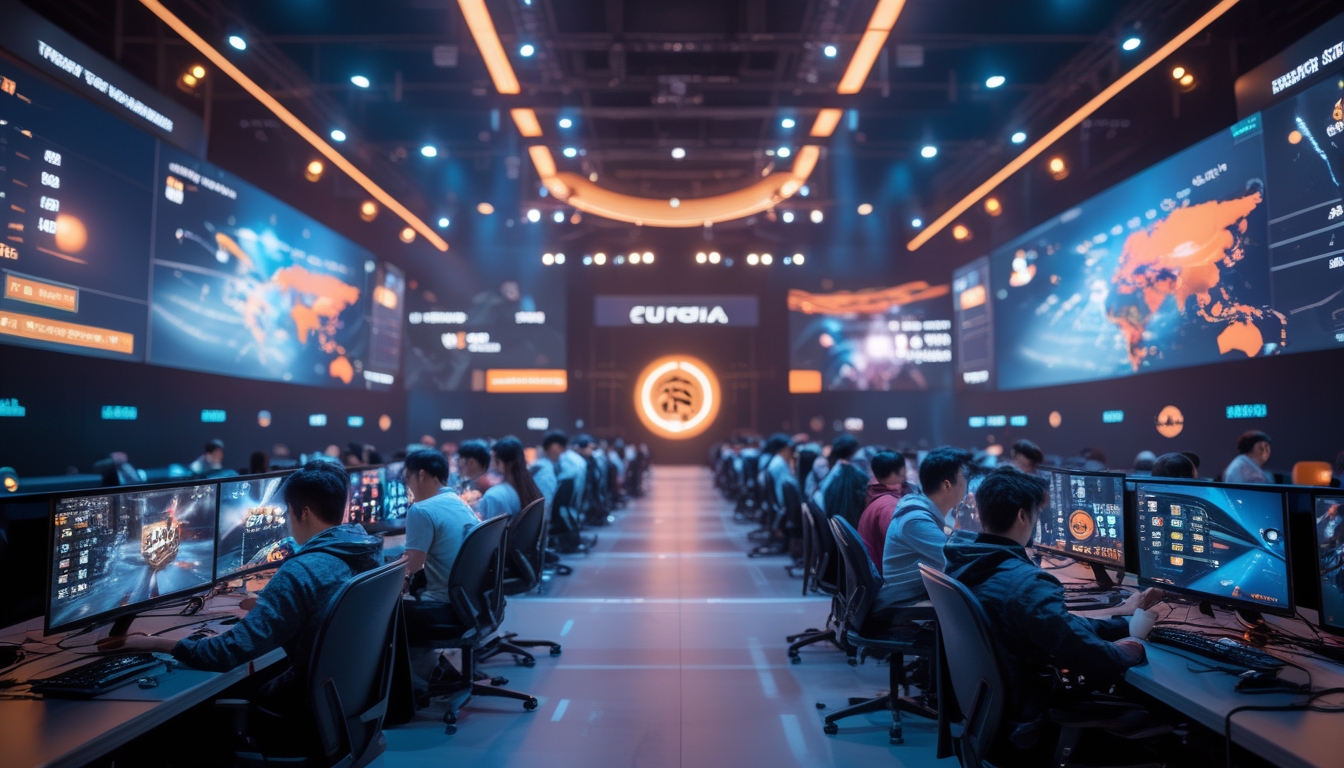 Arena esports modern dengan pemain dari Asia dan Eropa yang sedang bertanding di depan penonton.
