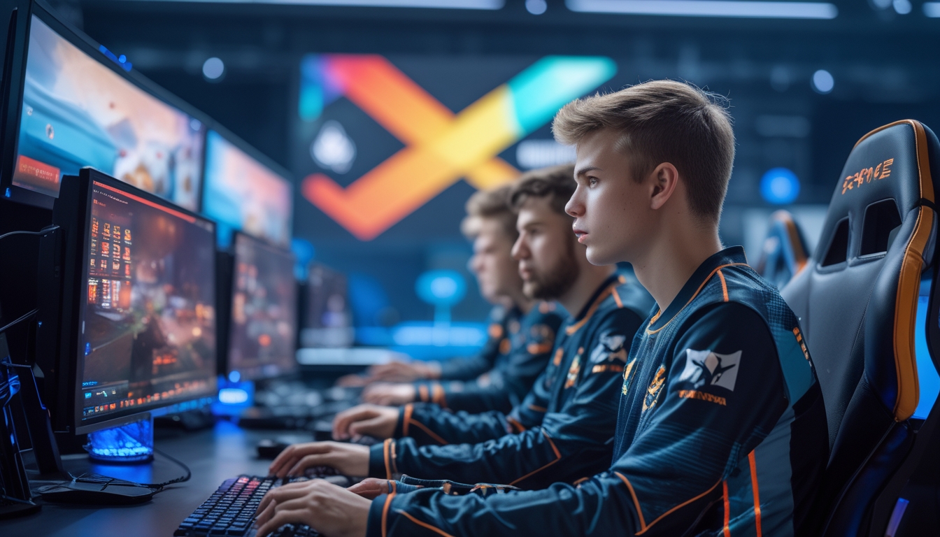 Sekelompok pemain esports muda yang fokus duduk bersama di depan komputer dengan pencahayaan warna-warni, sedang bersiap untuk turnamen internasional.