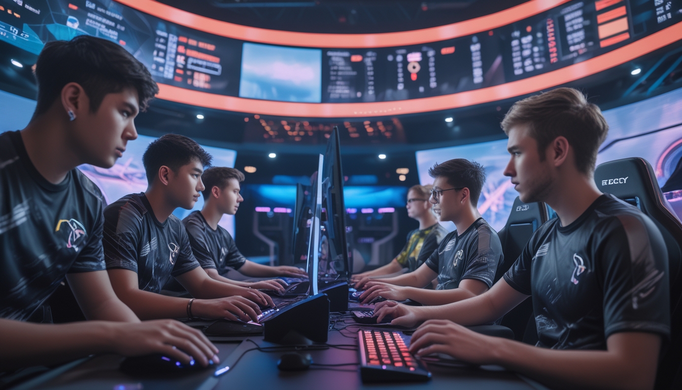 Sekelompok pemain esports internasional sedang bermain di arena gaming futuristik dengan peralatan canggih dan pencahayaan warna-warni.