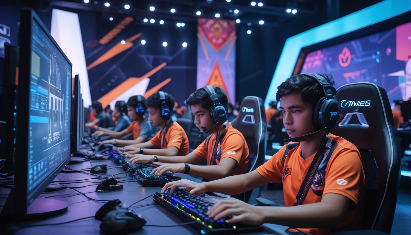 Sekelompok pemain esports Indonesia sedang fokus bermain di arena esports modern dengan peralatan gaming dan pencahayaan warna-warni.