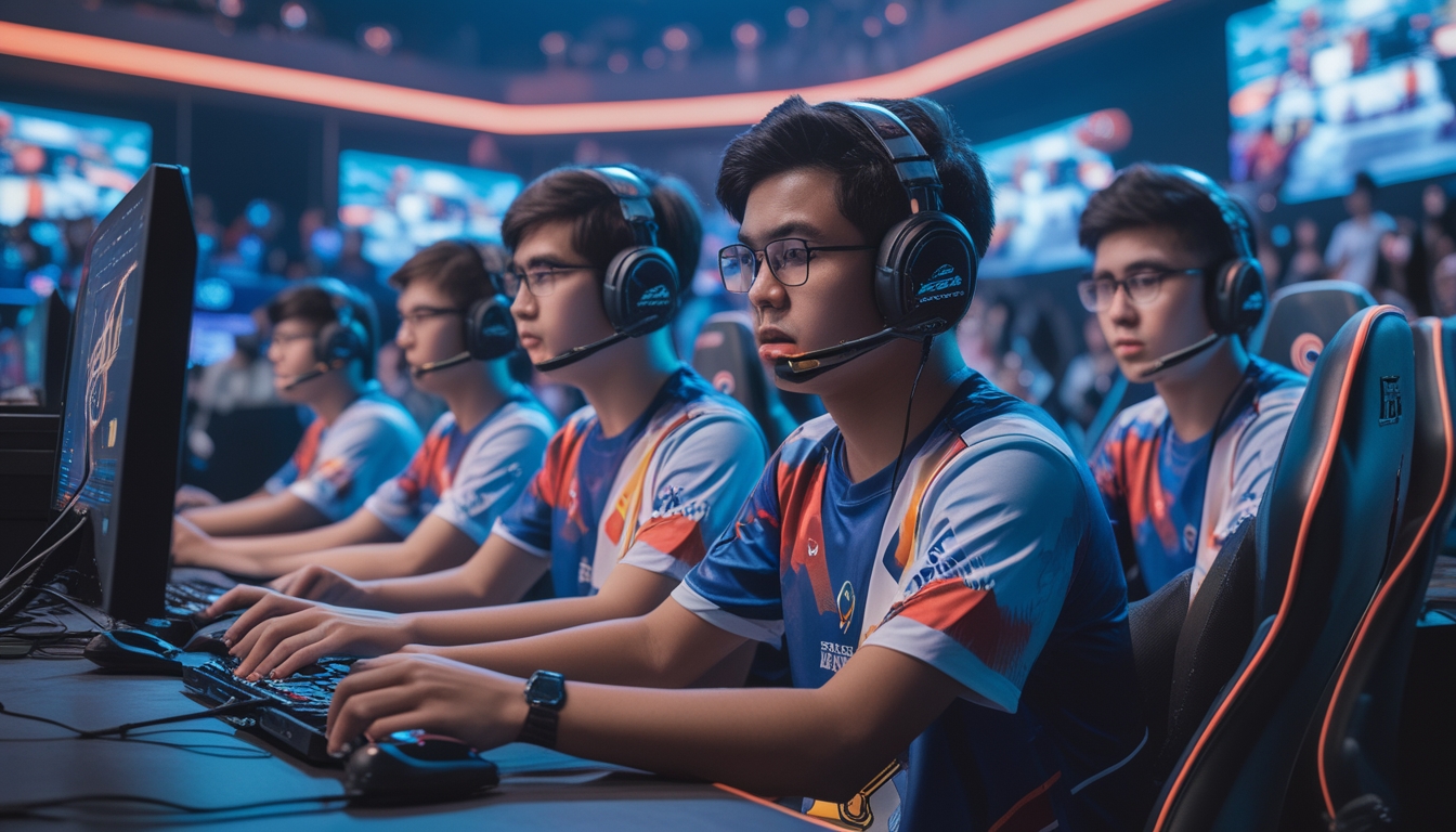 Sekelompok pemain esports Indonesia sedang fokus bertanding di arena turnamen dengan layar besar dan penonton di latar belakang.