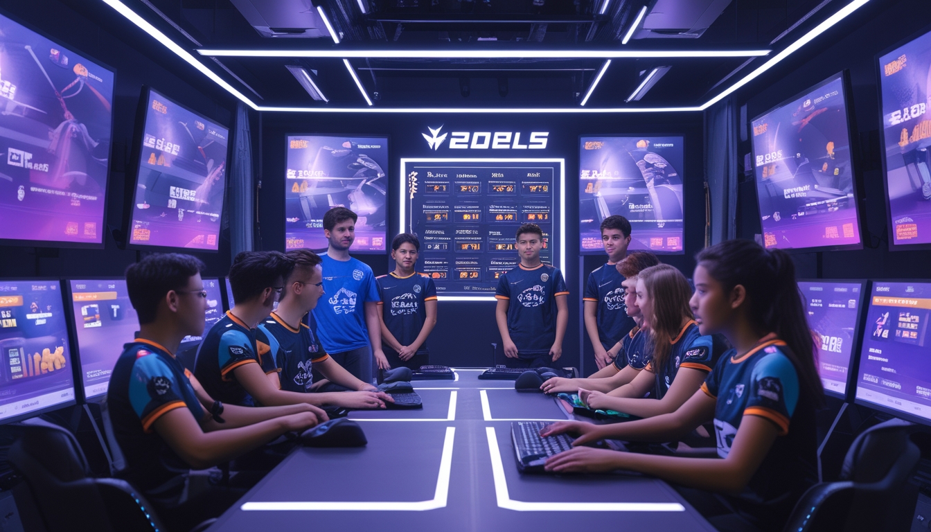 Sekelompok pemain esports muda sedang melihat papan roster digital di ruangan gaming modern dengan monitor besar dan pencahayaan neon.