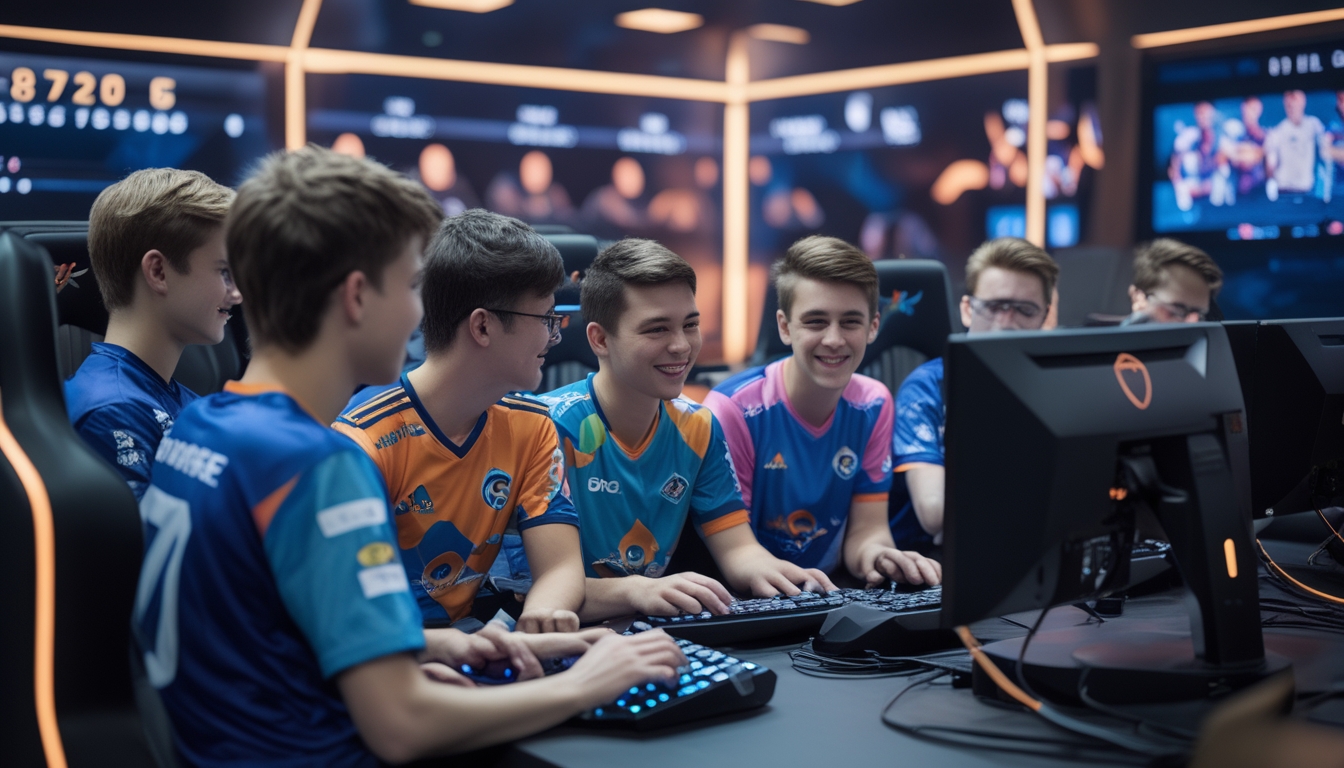 Sekelompok pemain esports internasional berkumpul di studio game modern, mengenakan jersey tim dan berinteraksi sambil mempersiapkan pertandingan.