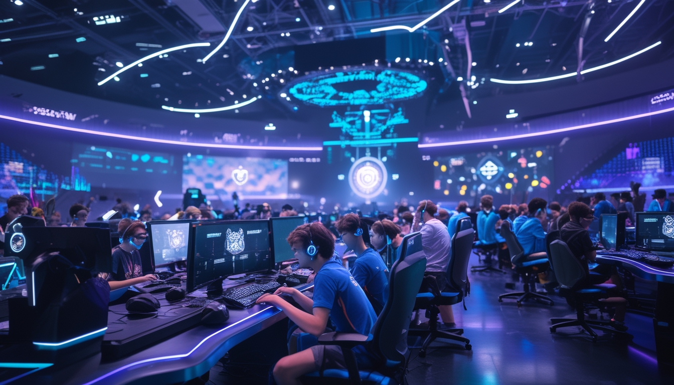 Arena esports masa depan dengan pemain muda yang sedang bermain di komputer canggih dan penonton yang antusias menyaksikan kompetisi.