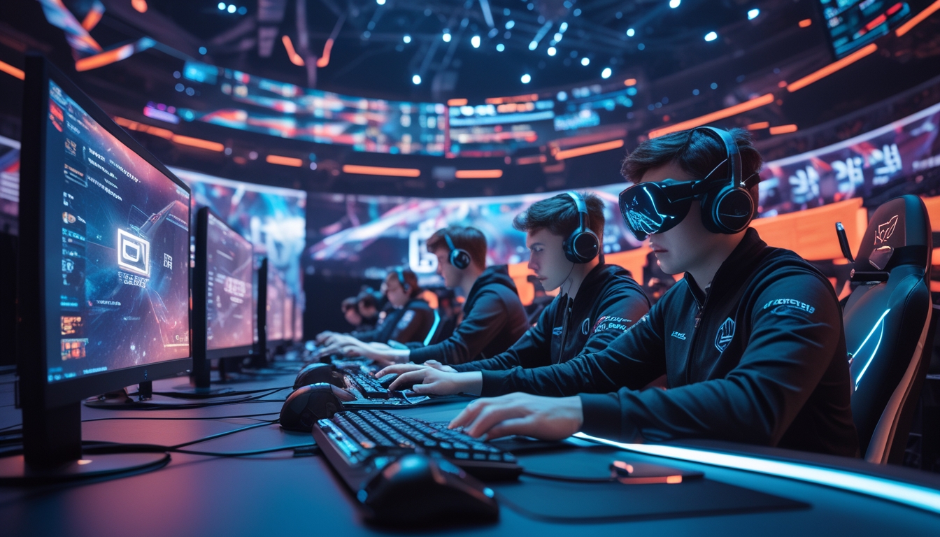 Suasana kompetisi esports modern dengan pemain profesional menggunakan peralatan gaming canggih di arena yang penuh lampu LED dan layar digital besar.