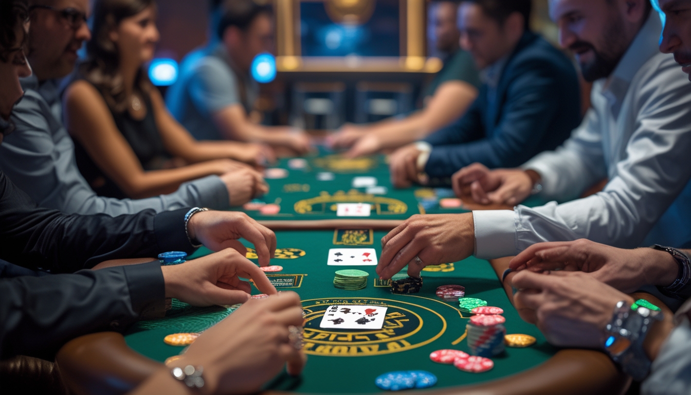 Meja poker dengan kartu dan chip, beberapa tangan pemain sedang bermain kartu di kasino yang modern.