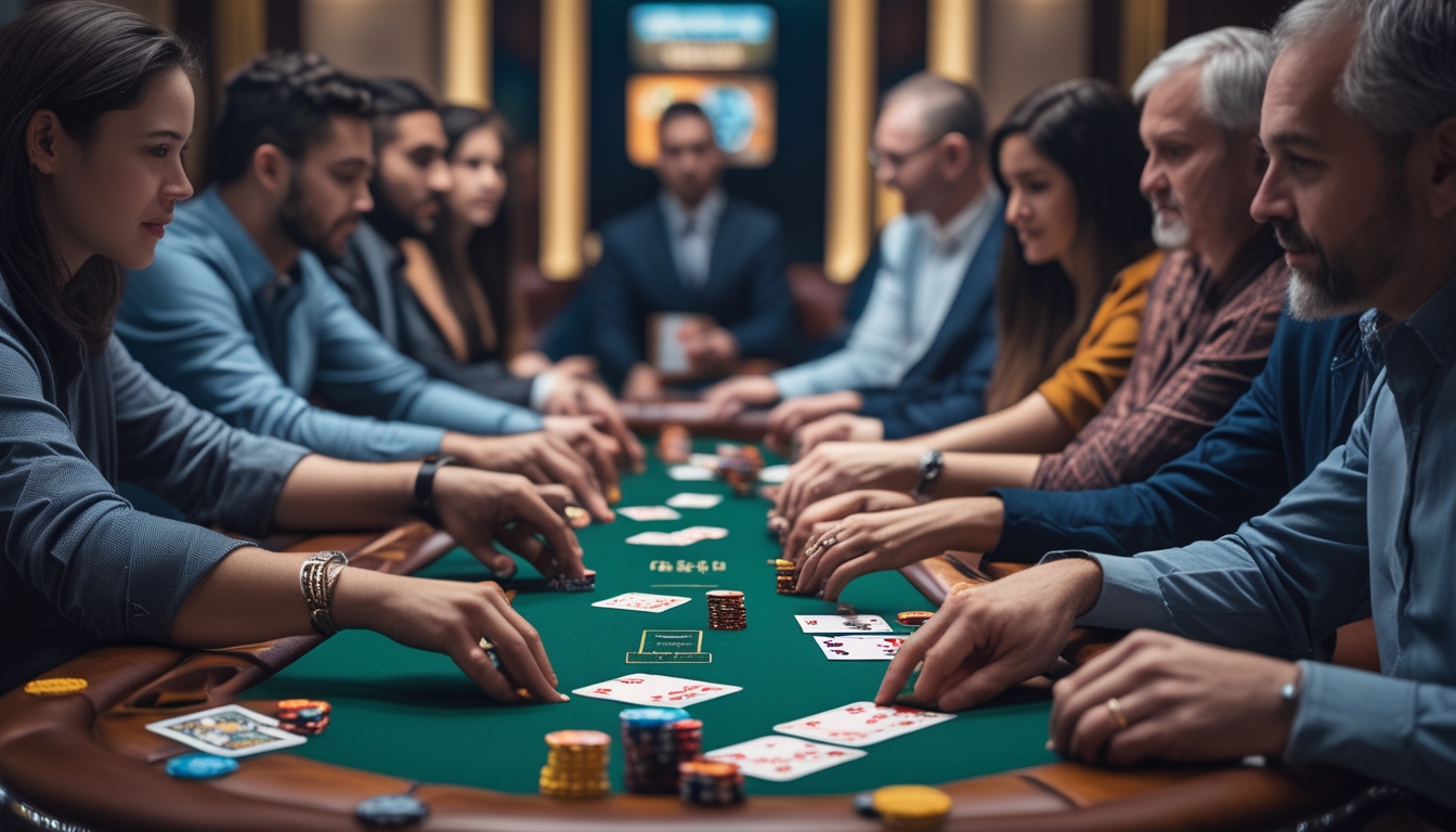 Beberapa pemain poker duduk mengelilingi meja poker dengan kartu dan chip, fokus pada permainan Omaha 5 Card dan Irish Poker.