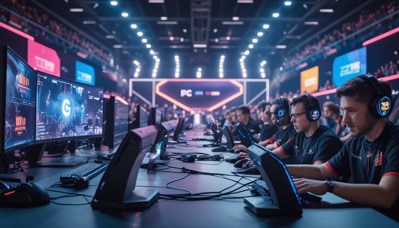 Suasana turnamen esports internasional dengan pemain yang sedang bermain game di komputer dan perangkat mobile, dikelilingi penonton yang antusias.