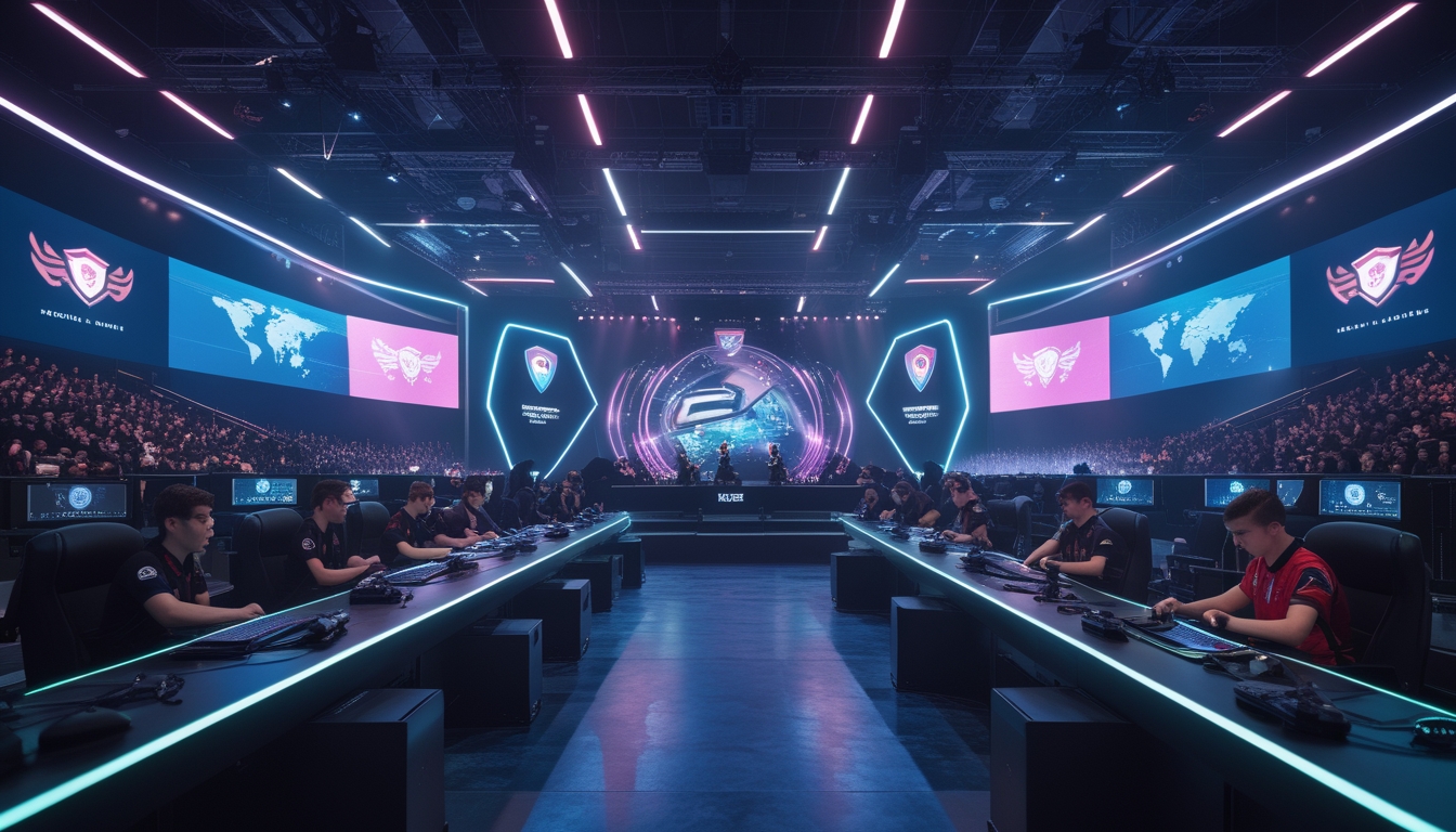 Suasana kompetisi esports internasional tahun 2026 dengan pemain bermain di PC dan perangkat mobile di arena besar yang penuh penonton.