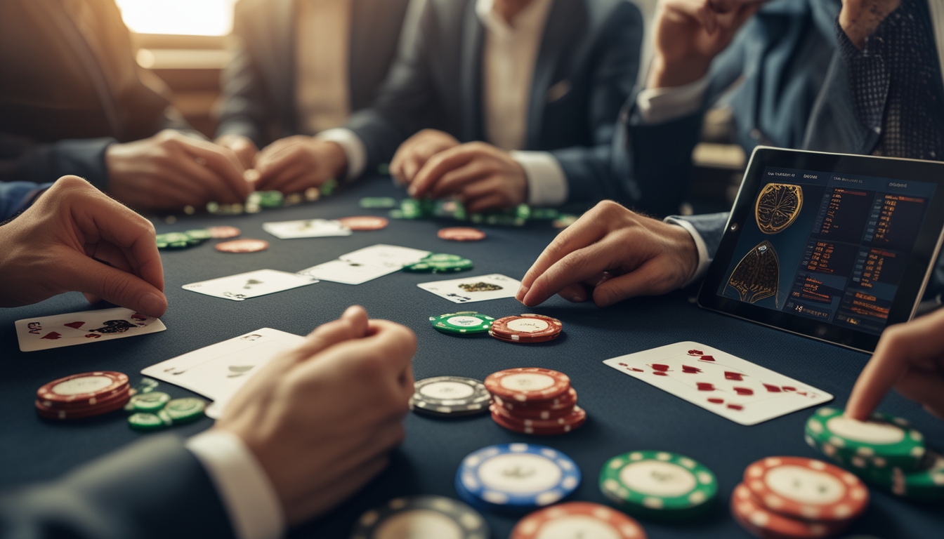 Meja poker dengan kartu dan chip, beberapa tangan pemain sedang memegang kartu, suasana serius dan fokus pada permainan poker.
