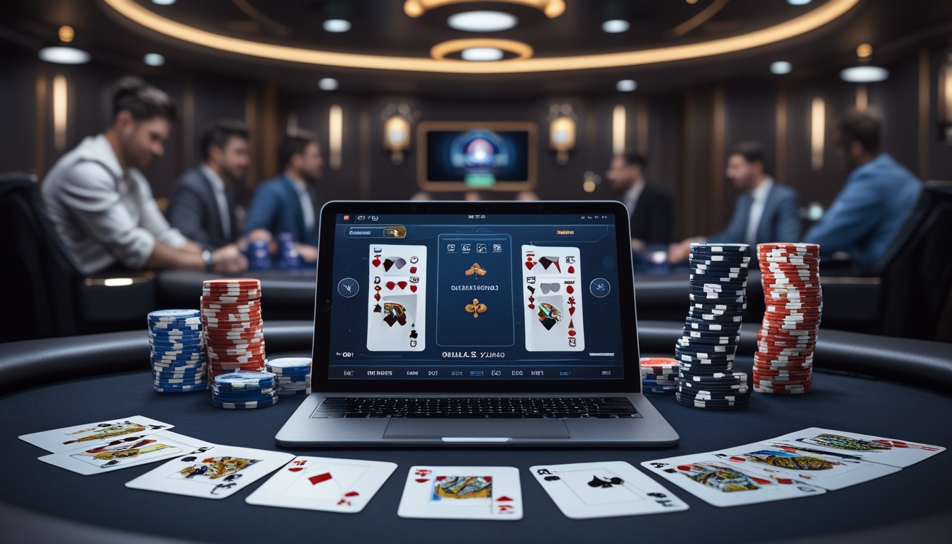 Meja poker dengan kartu dan chip poker, serta perangkat digital yang menampilkan permainan poker online, dengan beberapa pemain di latar belakang.