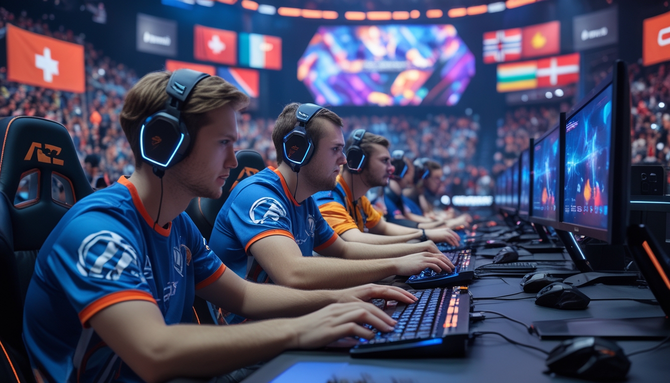 Para pemain esports internasional sedang bertanding di arena besar dengan penonton yang antusias dan peralatan gaming modern.