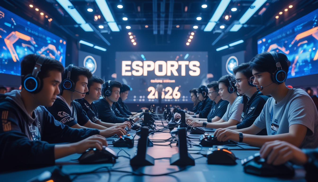 Sekelompok orang muda sedang bermain video game kompetitif di arena esports dengan latar kota futuristik.