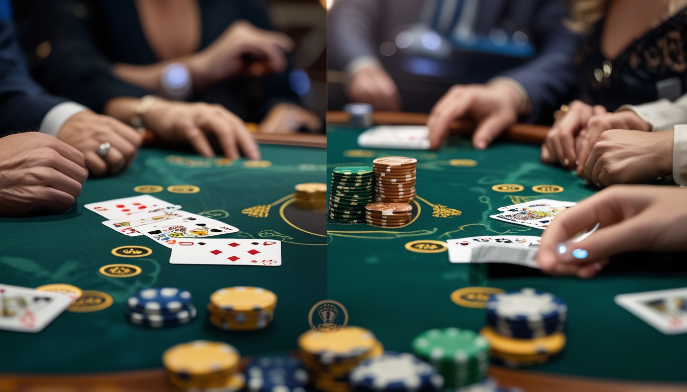 Pemandangan meja poker dengan dua permainan berbeda, Omaha 5 Card dan Irish Poker, dengan kartu dan chip yang tertata rapi.