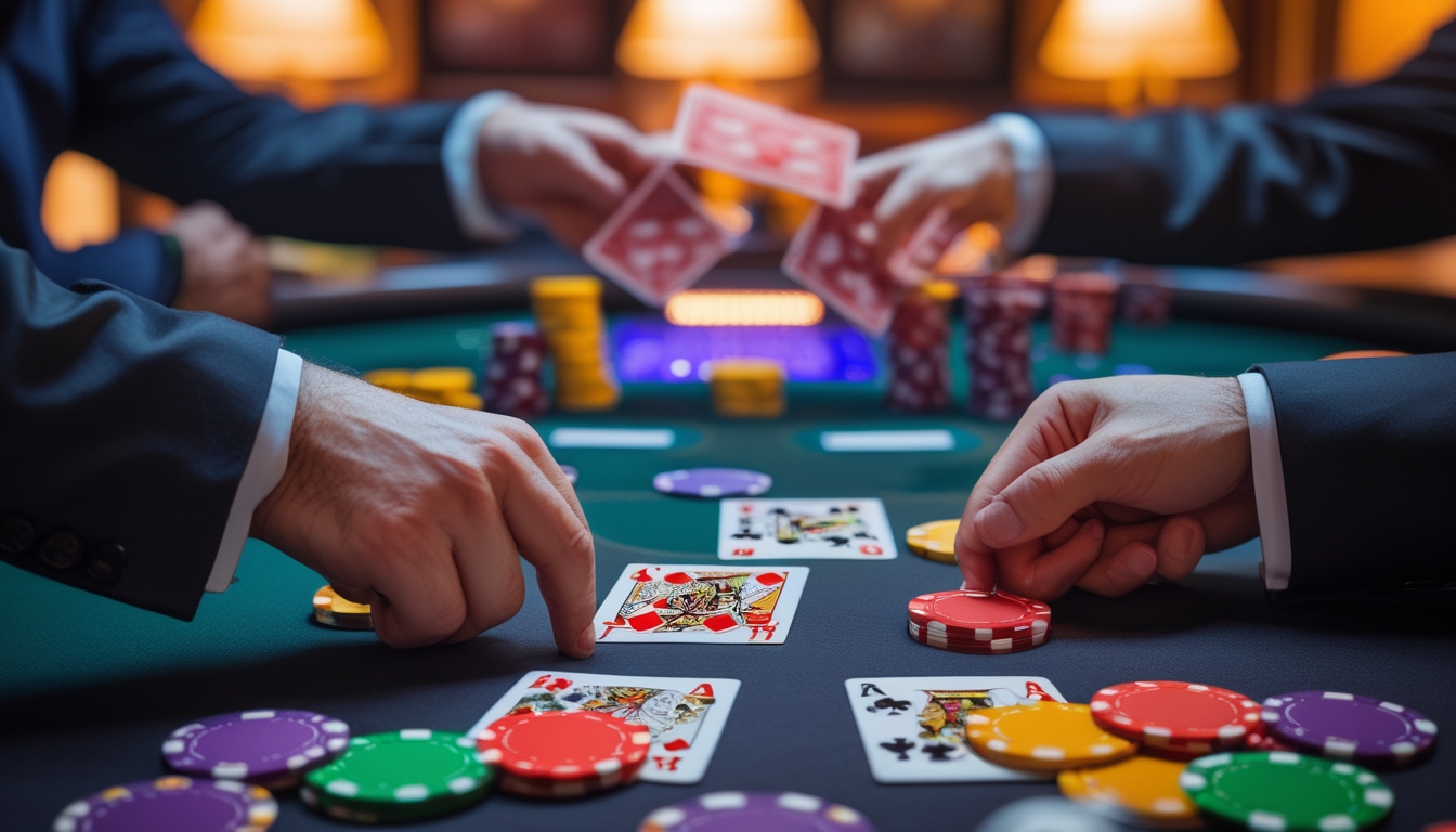 Meja poker dengan dua pemain memegang kartu yang berbeda, menggambarkan perbedaan antara Omaha 5 Card dan Irish Poker.
