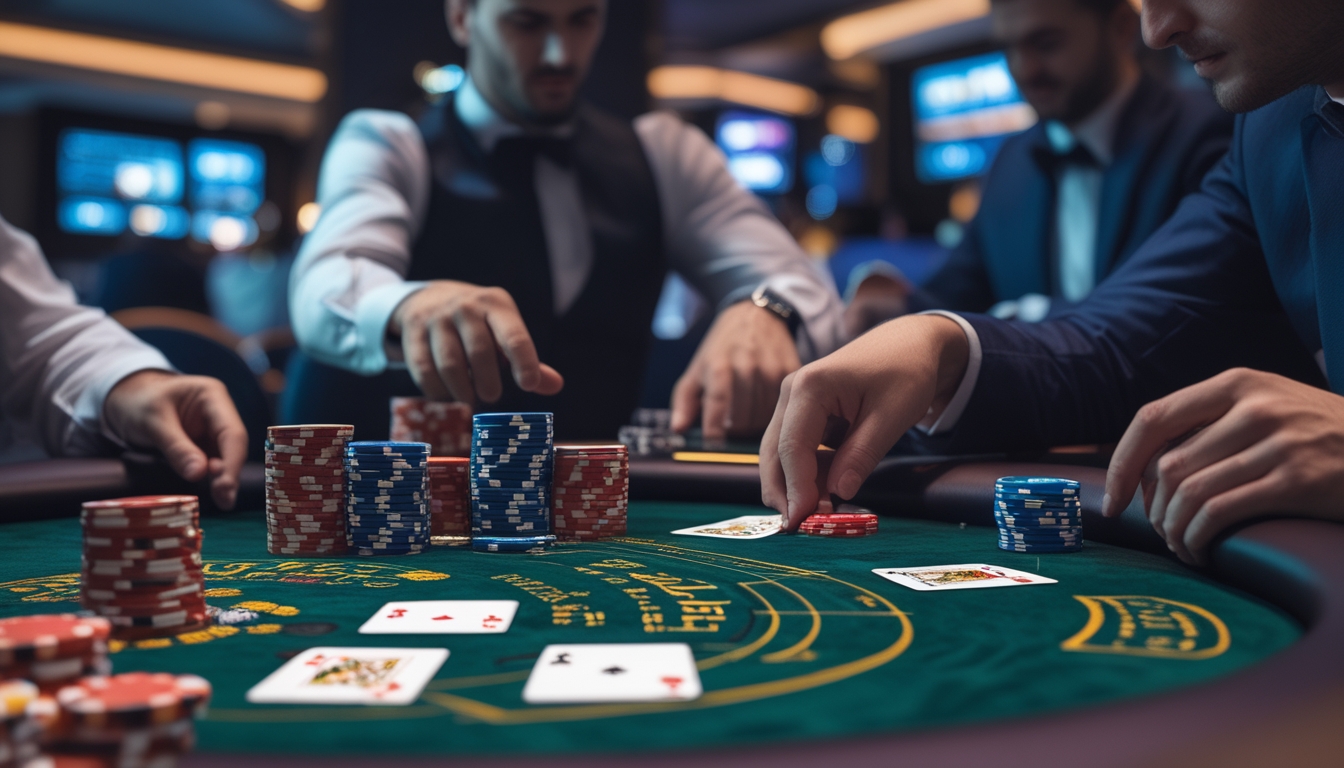 Meja poker dengan pemain yang sedang bermain Omaha 5 Card dan Irish Poker di sebuah kasino modern.