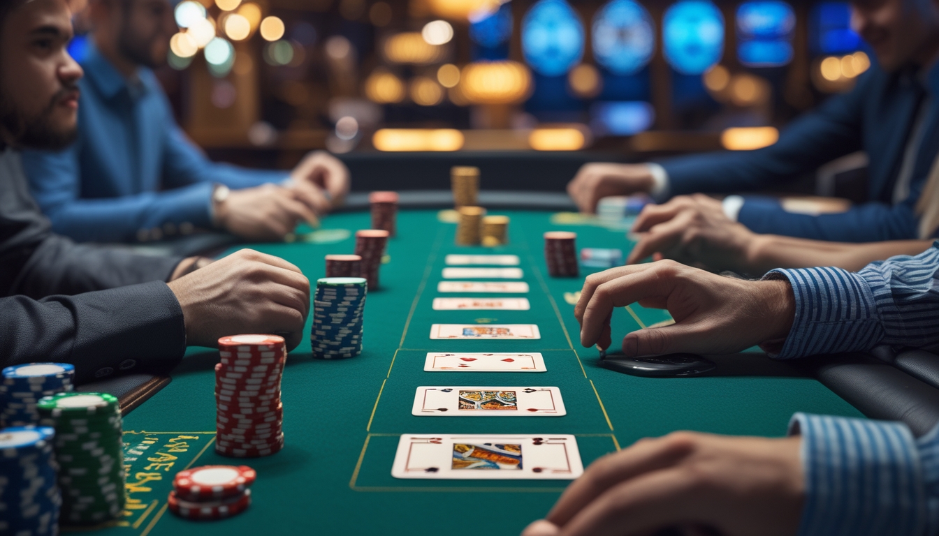 Meja poker dengan chip dan kartu yang menampilkan permainan Omaha 5 Card dan Irish Poker di suasana kasino yang elegan.
