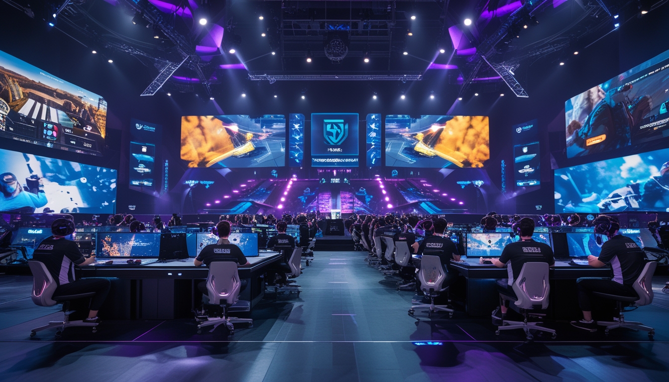 Suasana turnamen esports internasional dengan pemain fokus bermain di arena besar penuh penonton.