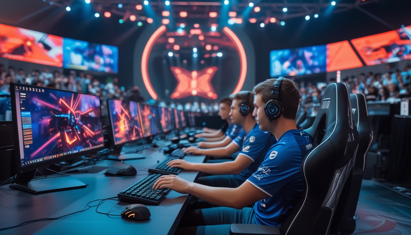 Sejumlah pemain esports sedang bertanding di turnamen besar dengan peralatan gaming canggih dan penonton di latar belakang.
