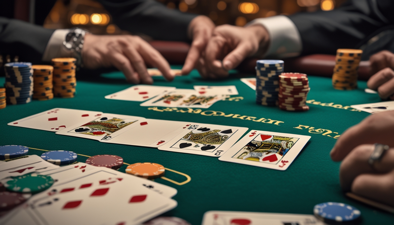 Meja poker dengan kartu Omaha 5 Card dan Irish Poker serta tumpukan chip poker di suasana kasino.