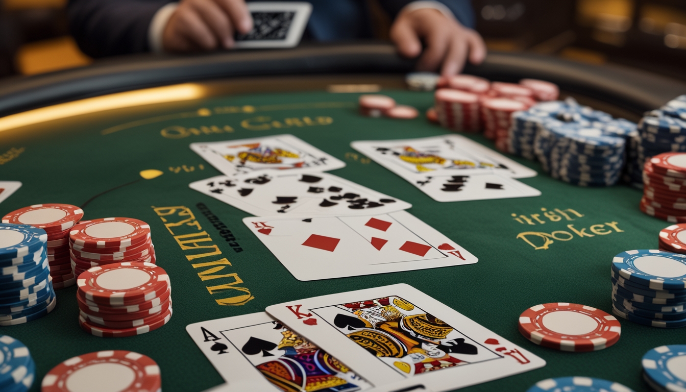 Meja poker dengan kartu dan chip yang tersusun rapi, menunjukkan permainan Omaha 5 Card dan Irish Poker.