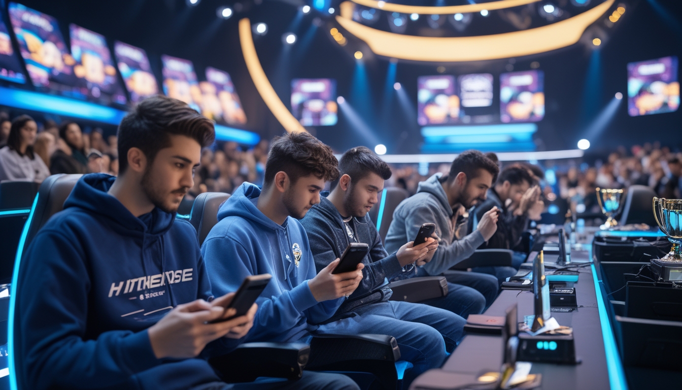 Sekelompok orang muda bermain game mobile dengan serius di arena esports yang modern dan terang, dengan layar besar dan pencahayaan futuristik di latar belakang.