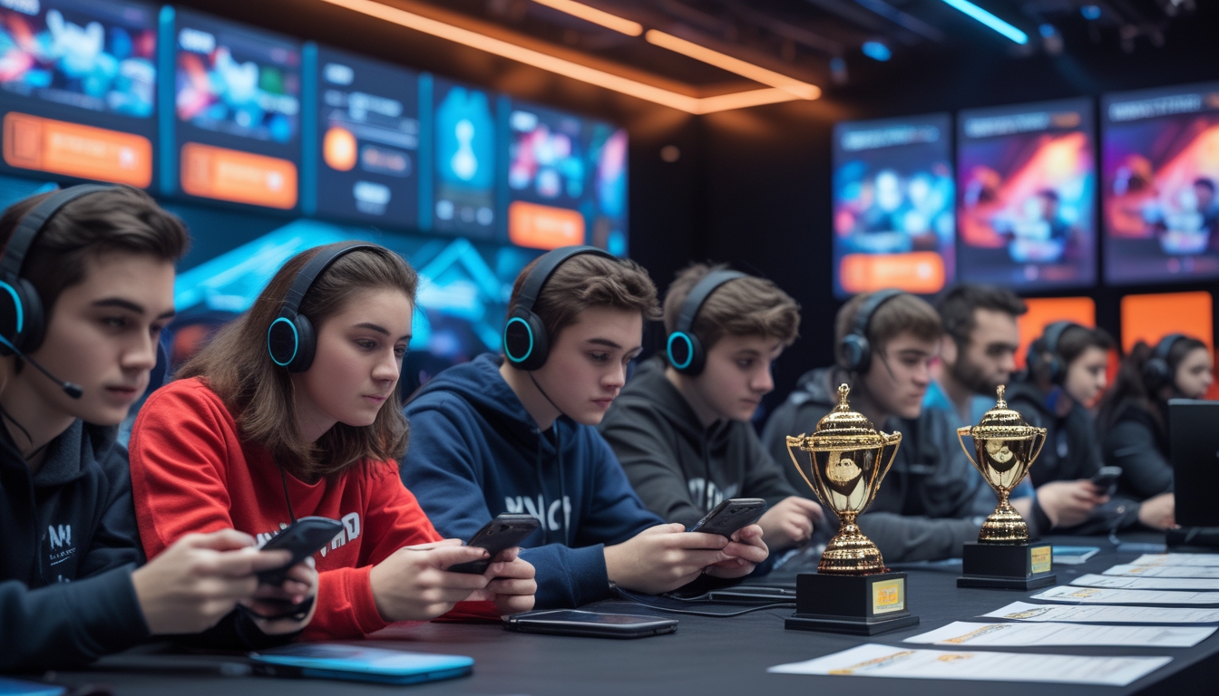 Sekelompok orang muda sedang bermain game esports mobile dengan serius di arena turnamen yang modern dan penuh lampu warna-warni.