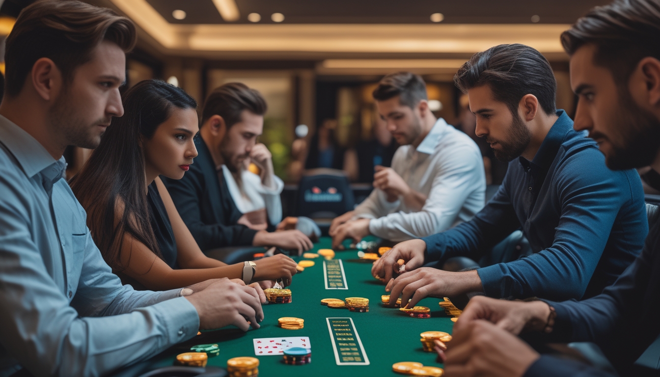 Beberapa pemain poker duduk di meja hijau dengan kartu dan chip poker, fokus bermain dalam suasana kasino yang elegan.