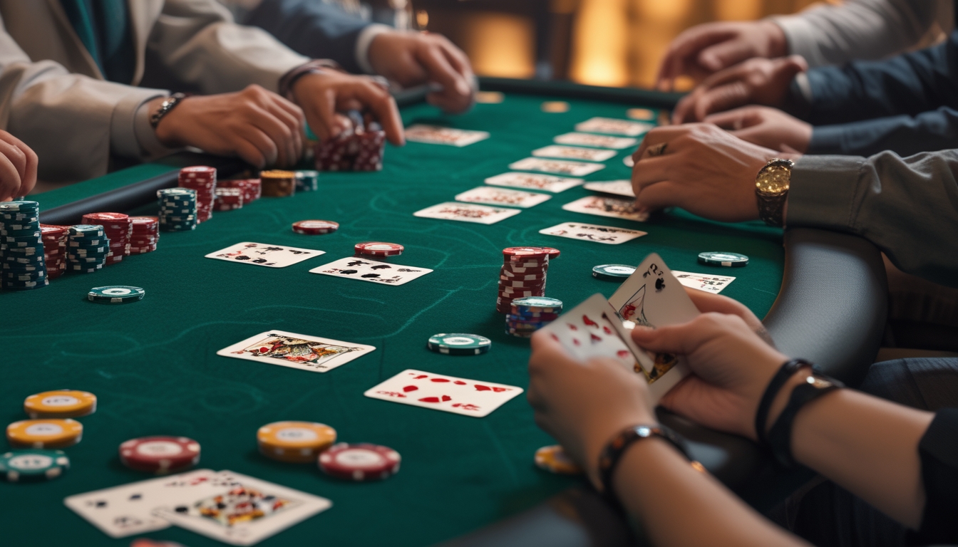 Meja poker dengan kartu dan chip yang diatur rapi, tangan pemain sedang memegang kartu dan menaruh chip dalam suasana ruang poker yang hangat dan fokus.
